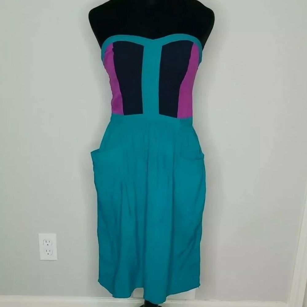Xhiliration Junior's Strapless Teal, Black, and Purple Color Block Dress Size S